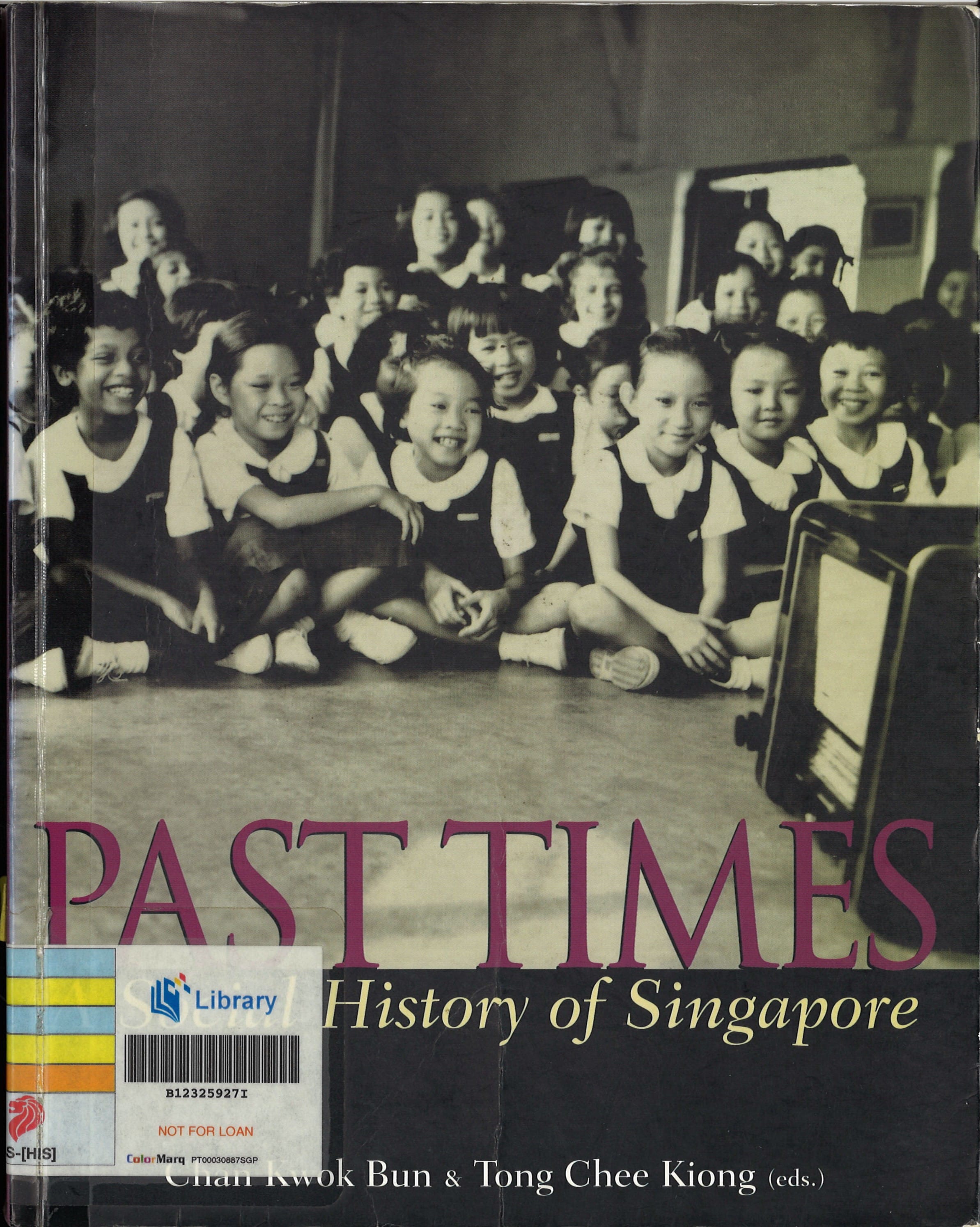 A black and white photograph of smiling children in uniforms, with large pink text overlaying the image, suggesting a historical collection.